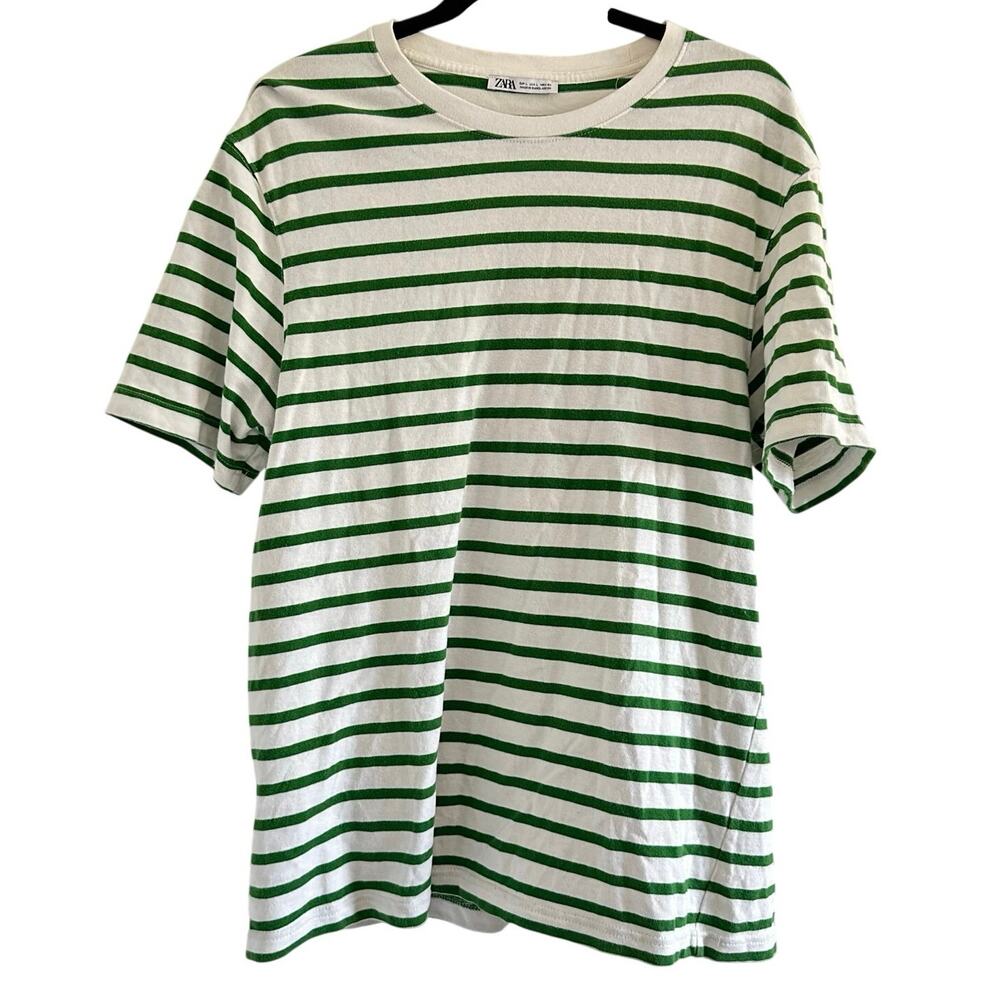 Zara (L) Green/White Striped Heavyweight Crewneck T-Shirt Minimalist Coastal